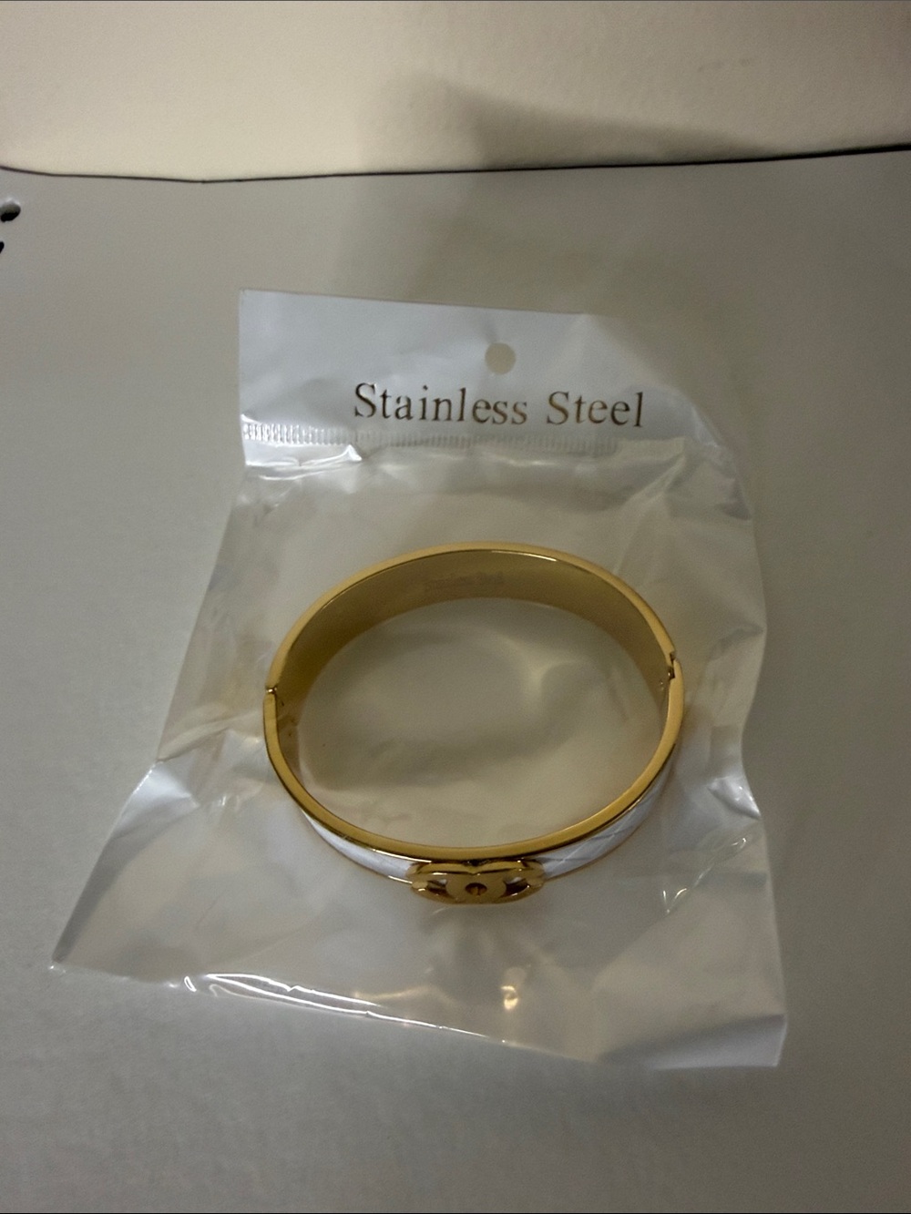 Gold and White Stainless Steel Hinged Bangle Bracelet
